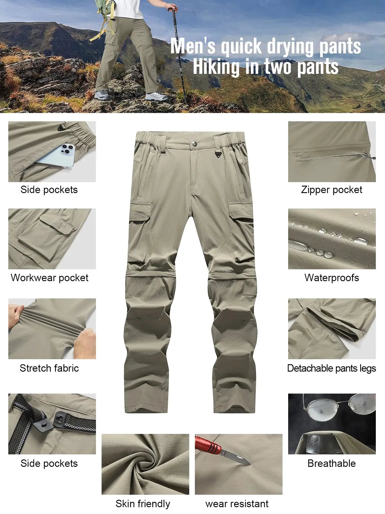 Simples Market Men's Cargo Hiking Convertible Pants, waterproof quick-dry with removable zip-off legs and cargo pockets.
