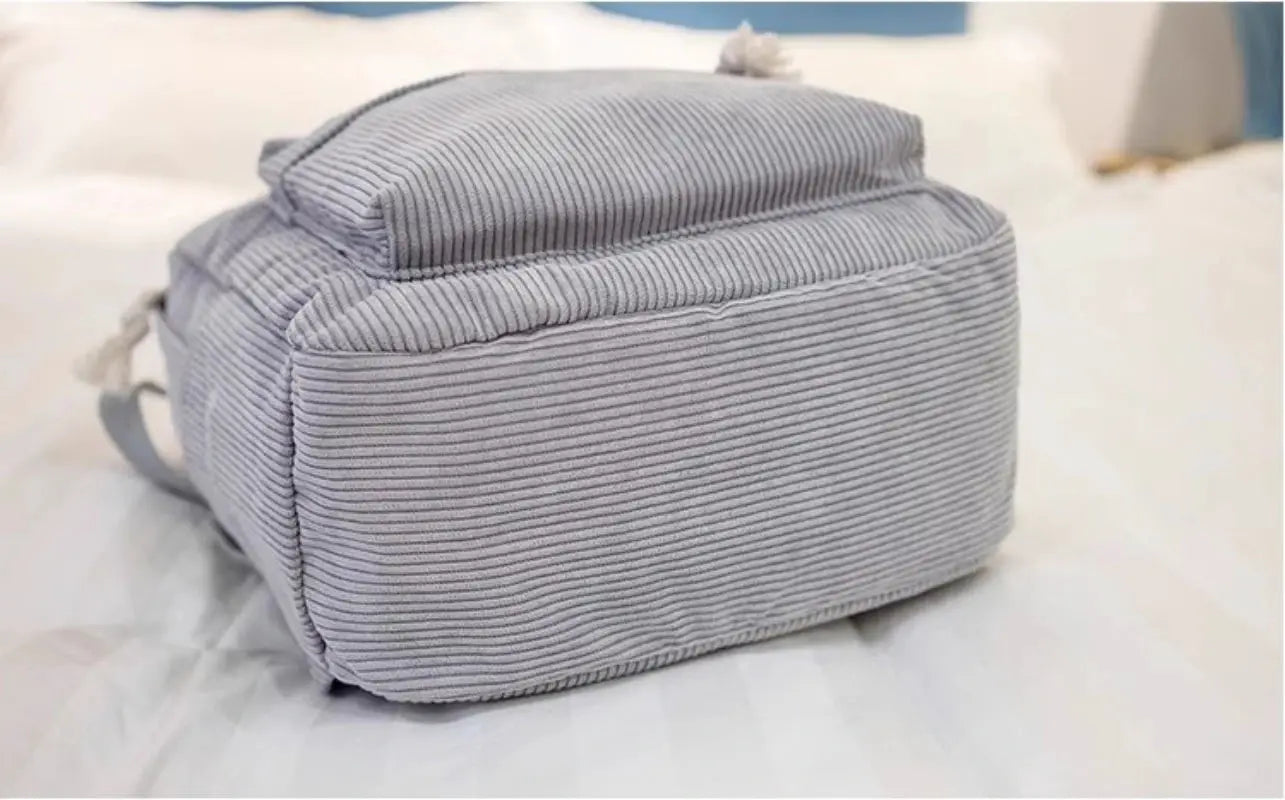 Personalized kids backpack by Simples Market, gray striped corduroy with embroidered name