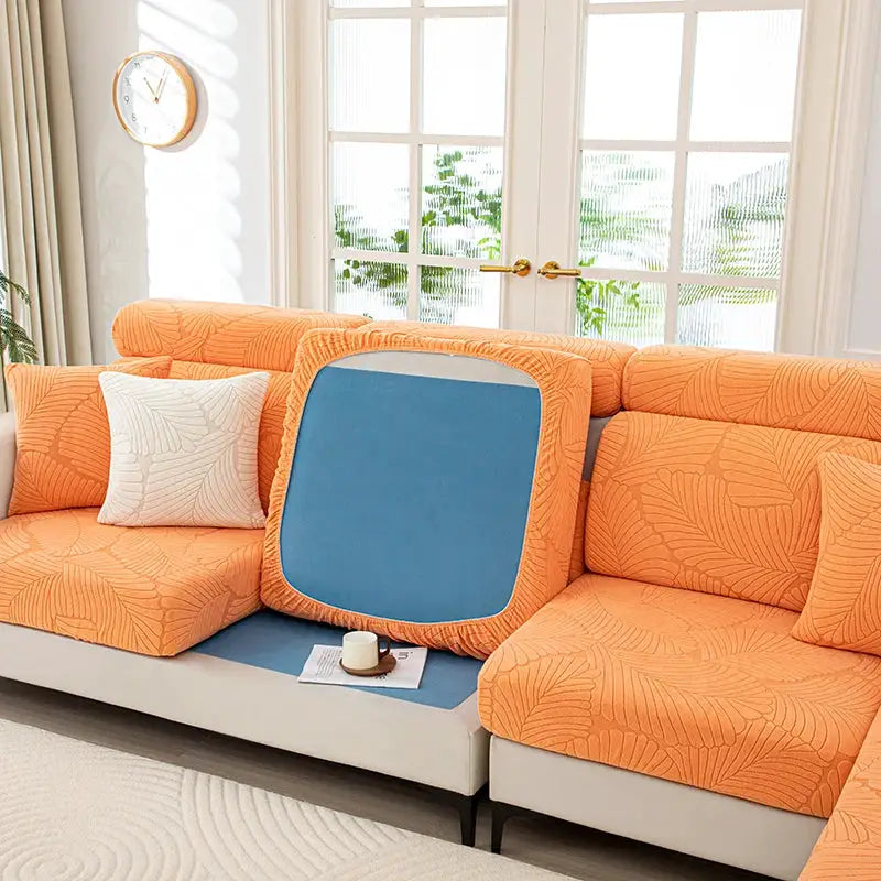 Simples Market thick plush orange sofa cover set with leaf pattern; elastic and removable cushion covers for home