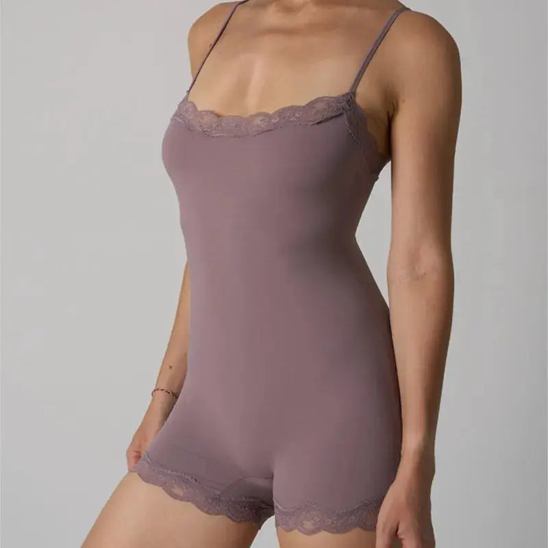 LaceLine Lace Patchwork Bodysuit Camisole With Square Neck Spaghetti Straps For Slimming Shaping And Sleek Silhouette