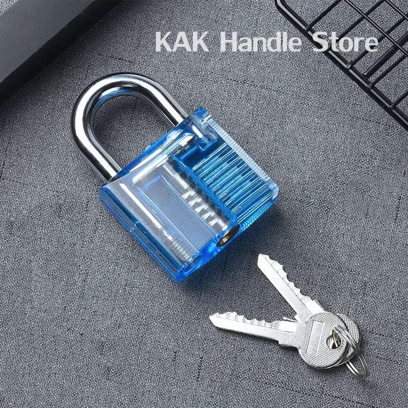 Transparent blue padlock with keys, 80x50mm, DIY lock-picking practice tool