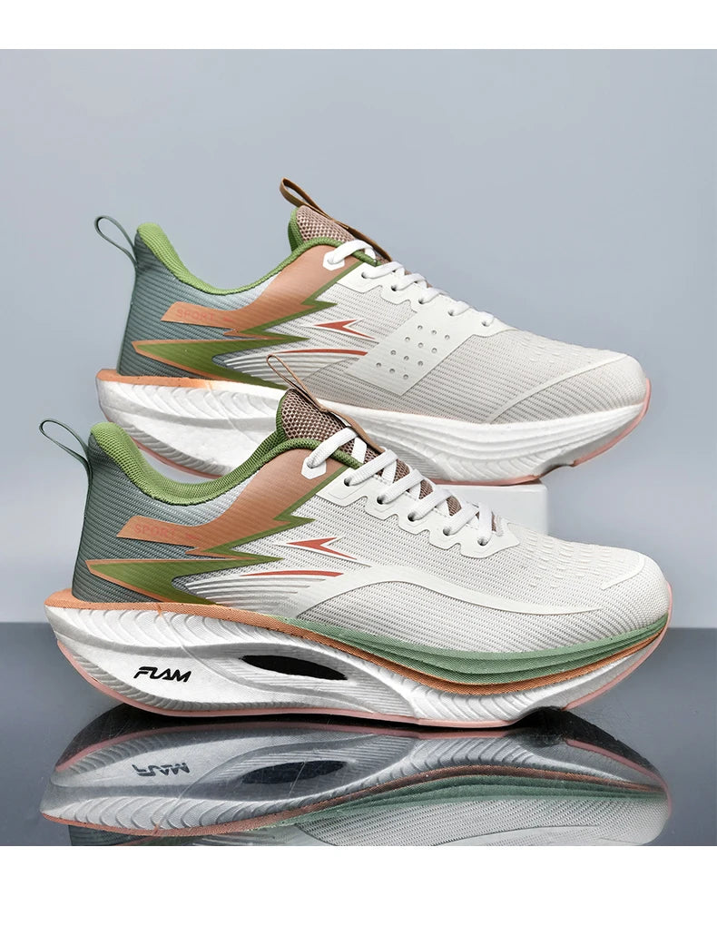 Pair of running shoes with air cushion; breathable white mesh upper with peach and green accents