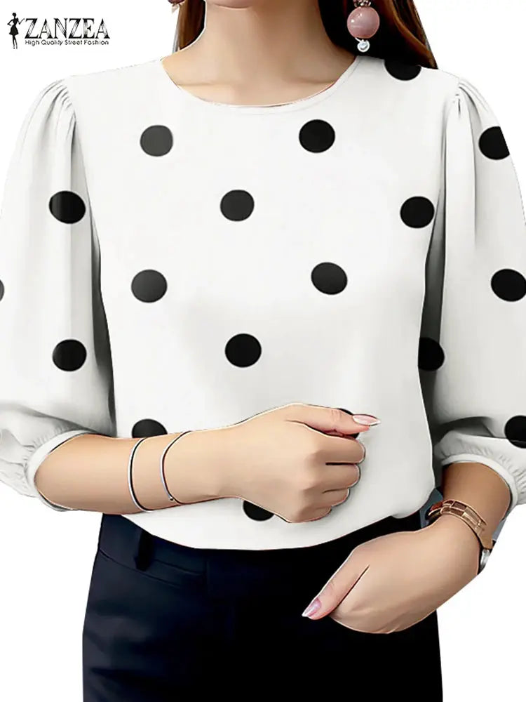 Polka Dot Blouse For Women ZANZEA O Neck Three Quarter Sleeve Top