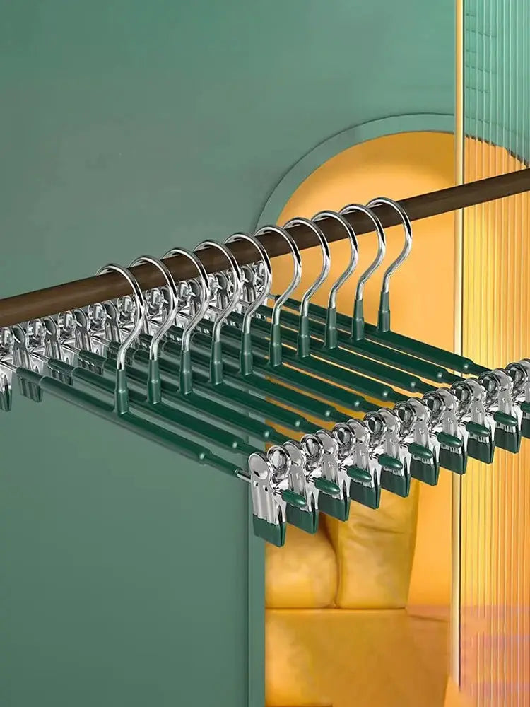 Wardrobe clothes drying rack with stainless steel clips and green rails