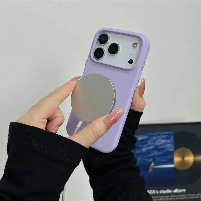 Magnetic liquid silicone phone case for iPhone 17 series with MagSafe ring in lavender