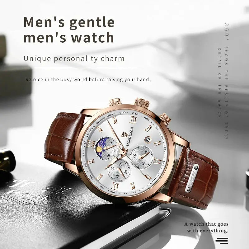 LIGE men's chronograph watch with brown leather strap and rose-gold case, white dial.