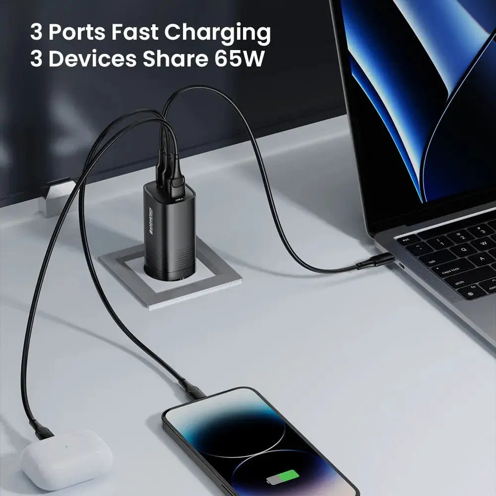 ASOMETECH GaN USB-C charger, black 3-port 65W fast charger for MacBook, iPhone, iPad by Simples Market