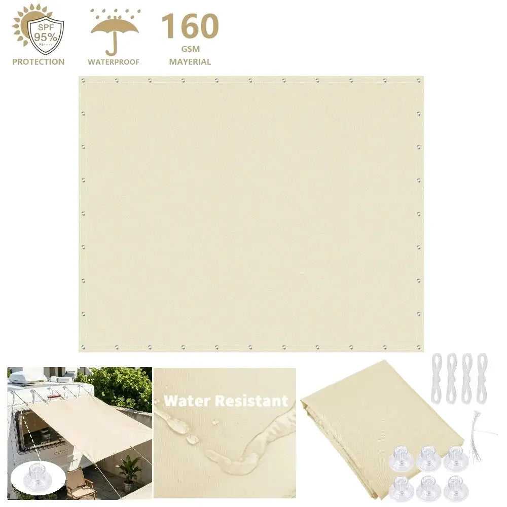 Beige square shade sail, waterproof fabric with grommets and mounting hardware.