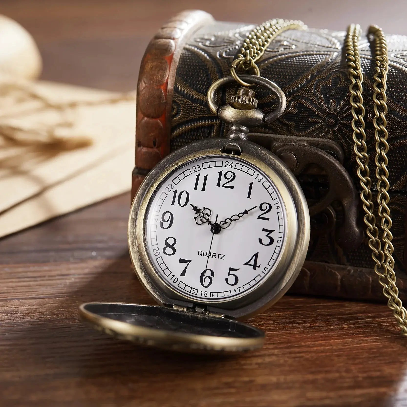 HeritageTime Carved Flip Cover Pocket Watch Necklace Quartz Movement Unisex Gift For Men And Women