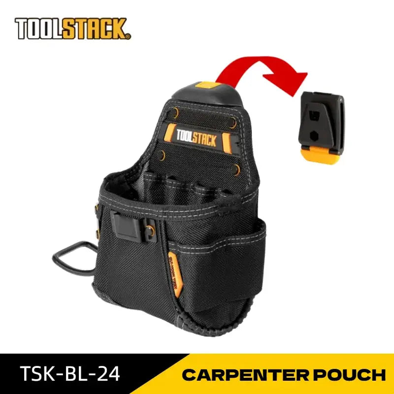 TOOLSTACK carpenter pouch, black Oxford fabric waist tool bag with orange accents and multiple pockets.