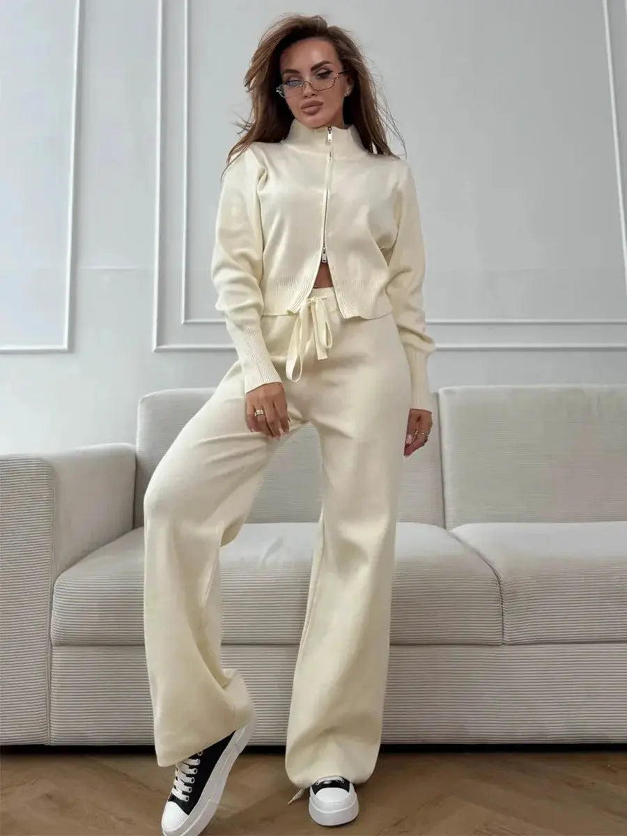 Bornladies Knit Zip Up Cropped Cardigan With Wide Leg Pants Set Women