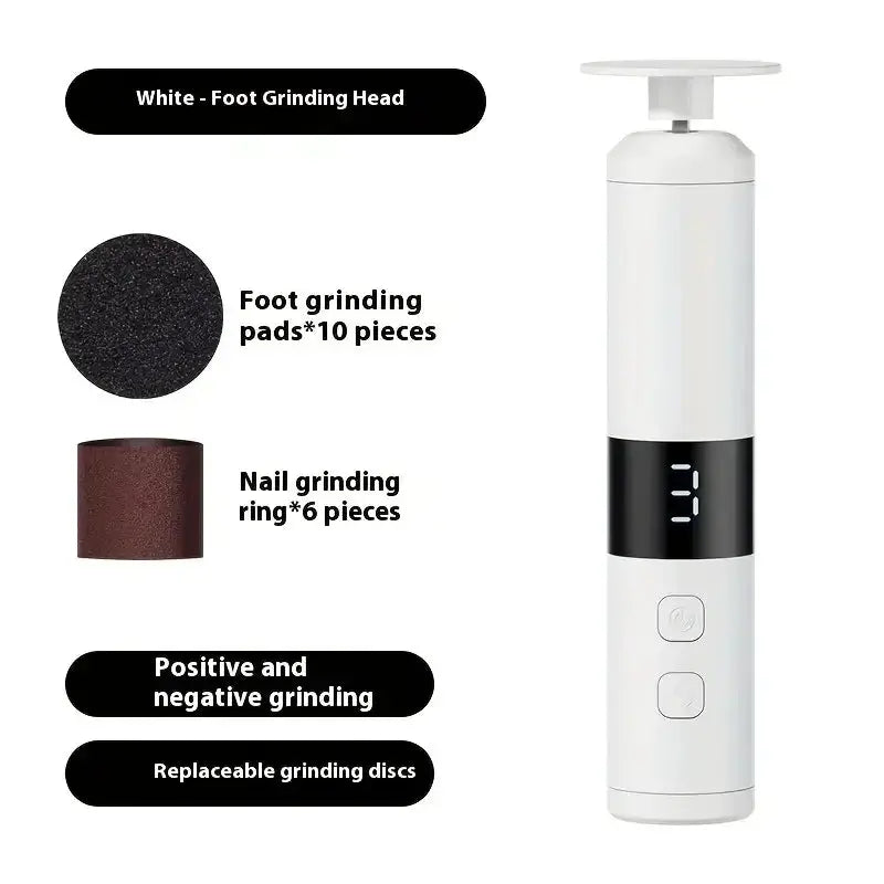 Simples Market USB charging 2-in-1 foot and nail grinder; white with digital display, includes 10 foot grinding pads and 6 nail rings.