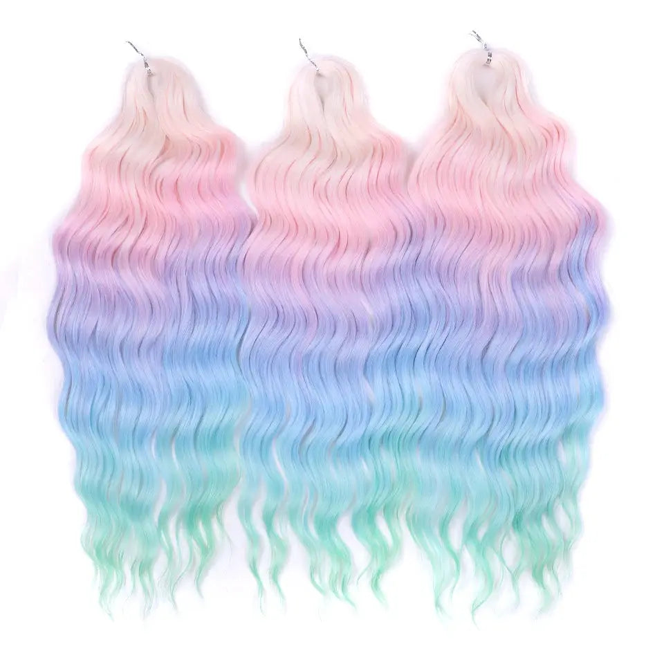 Noble Hair synthetic loose deep-wave braiding extensions, 24in, 3 bundles, ombre pink to blue to mint.