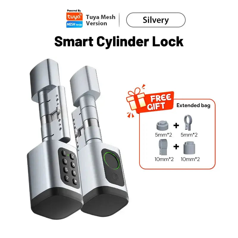 V1 Pro+ smart door lock cylinder pair with keypad and fingerprint scanner, silver finish.