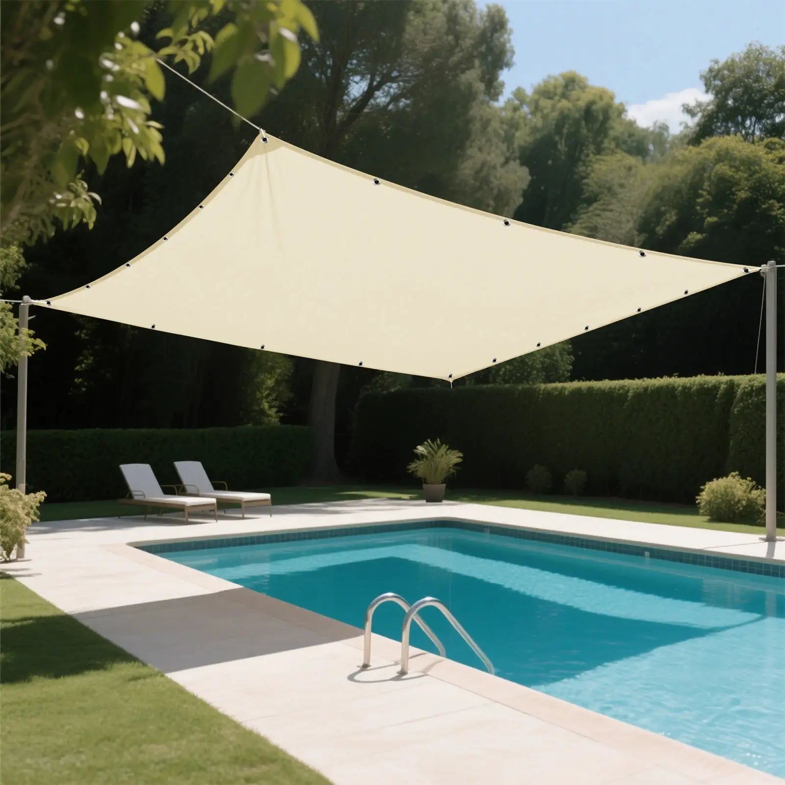 Sun shade sail by Simples Market; beige waterproof outdoor canopy over pool in backyard.