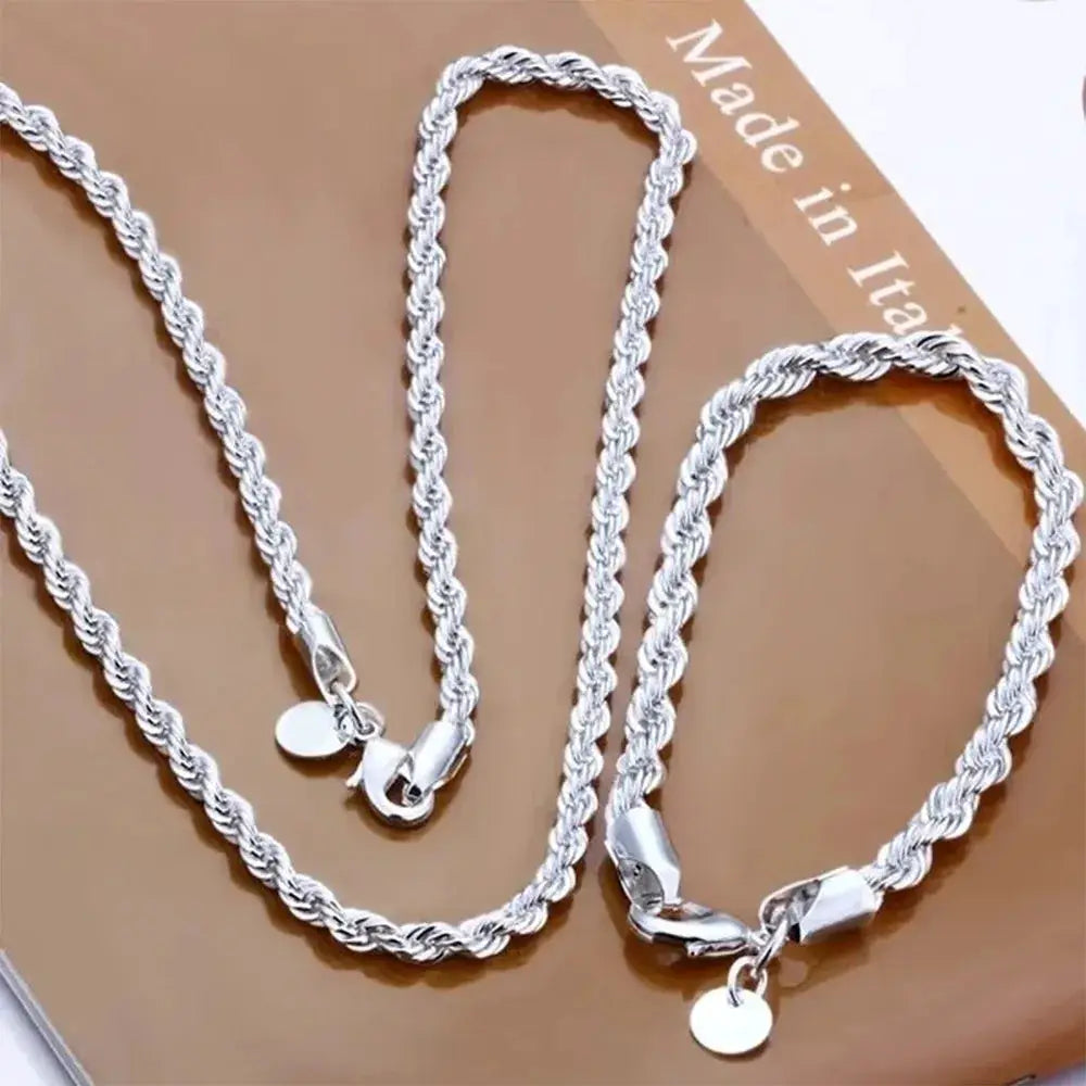 4mm Fried Dough Twists Necklace And Bracelet Set For Men And Women Unisex Iron Alloy Jewelry 2 Piece