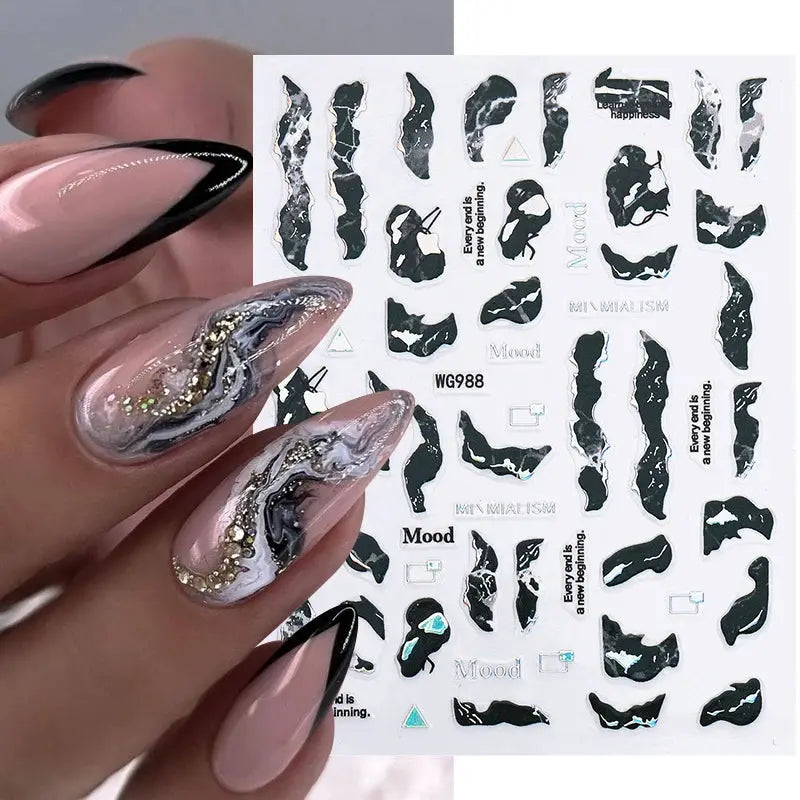 Nail art decals sheet by Simples Market, black abstract shapes with metallic accents for geometric nail designs