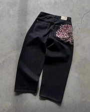 Jeans: Simples Market black baggy wide-leg with pink cherry blossom embroidery on back pocket