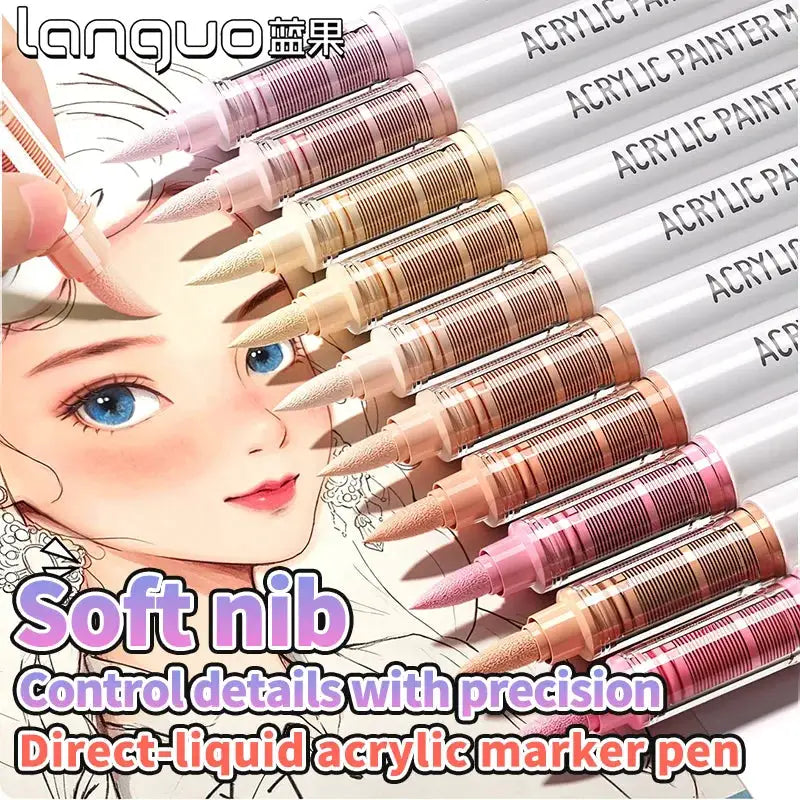 Languo 9-color soft-nib acrylic marker pen set for drawing, journaling and stationery
