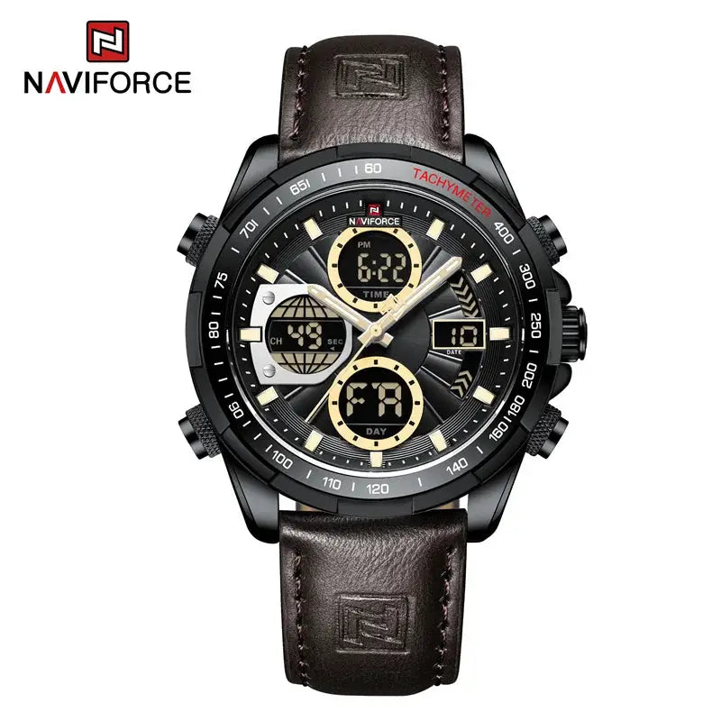 NAVIFORCE men's leather strap sport watch with black dial, tachymeter bezel, and digital-analog chronograph
