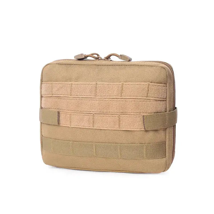 Tan MOLLE pouch bag for EMT medical kit; tactical outdoor EDC with horizontal webbing and zipper closure.