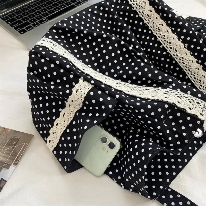 Korean vintage canvas shoulder bag with white polka dots, lace trim, large-capacity multi-pocket tote