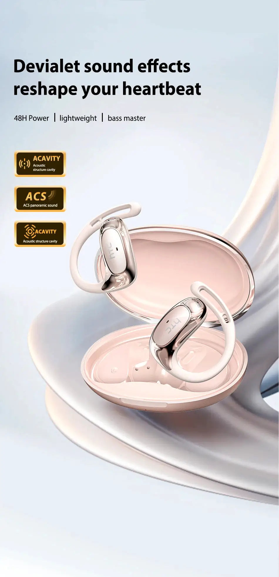 HTC NE35 Bluetooth AI Translation Earphones with charging case – rose gold, 2 earbuds, Simples Market