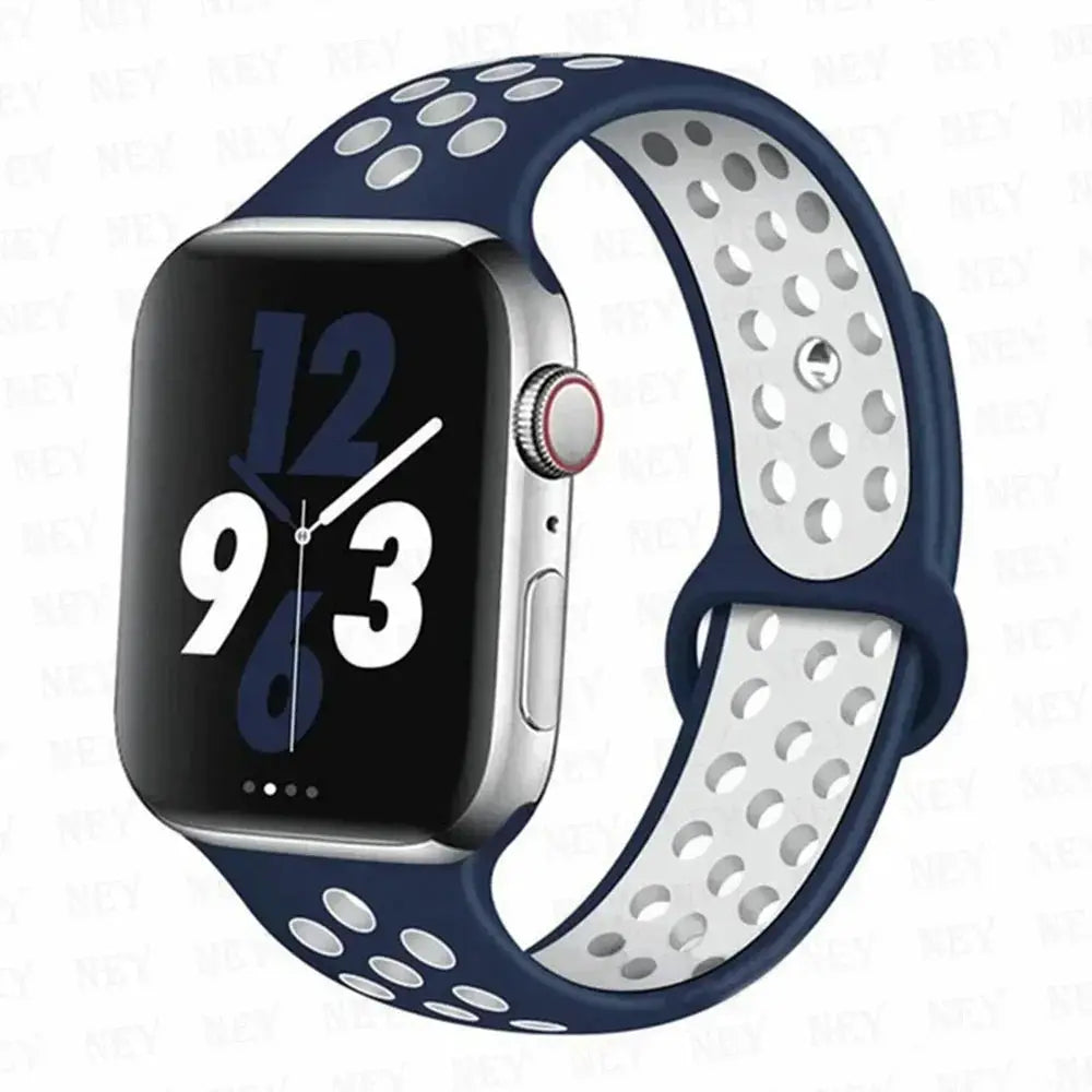 Apple Watch silicone sport strap by Simples Market, blue exterior with white perforated interior, fits 38–49mm