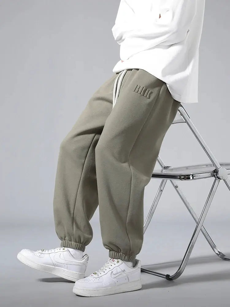 Men's khaki cotton-polyester baggy jogger pants with drawstring and elastic cuffs hip hop style