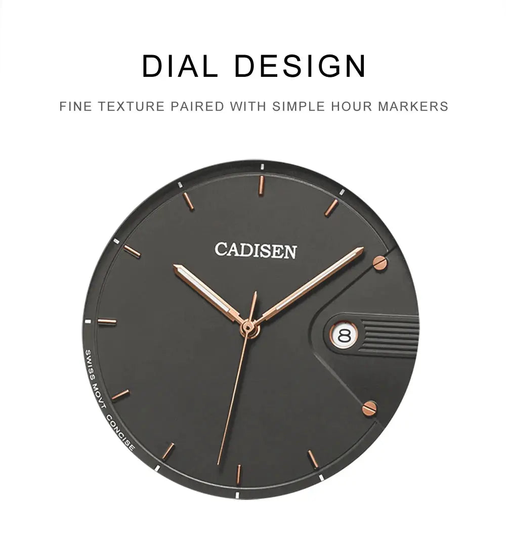 CADISEN men's quartz watch with black ultra-thin dial, rose-gold hands, date window, stainless steel Milano mesh strap