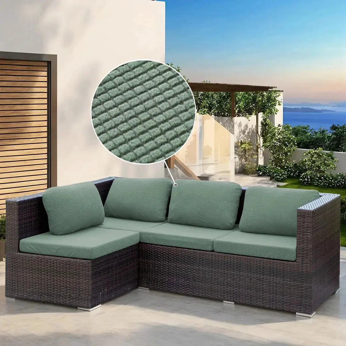 Jacquard Patio Sofa Cushion Cover; green waffle texture, universal outdoor stretch protector, Simples Market