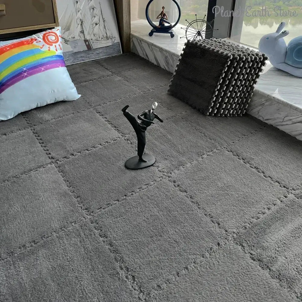 Soft EVA foam puzzle playmat for babies; interlocking gray tiles, 30cm each, infant development rug.