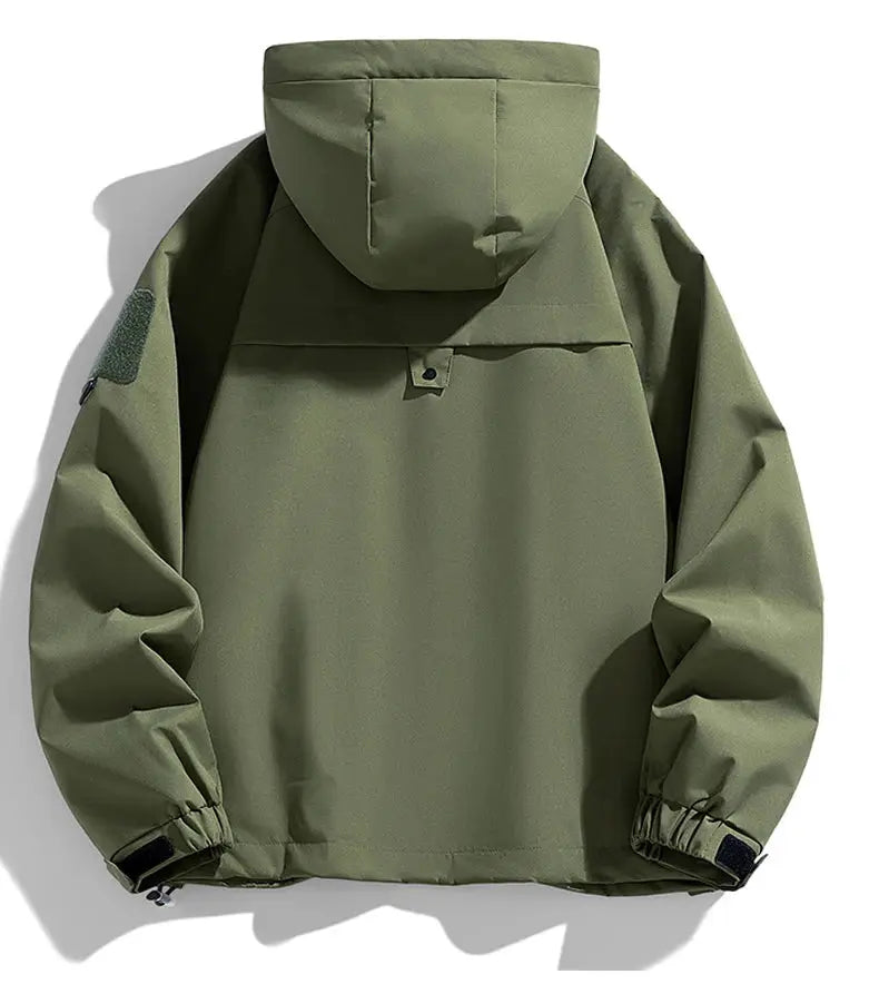 Windbreaker hooded jacket by Simples Market, olive green waterproof softshell with adjustable Velcro cuffs