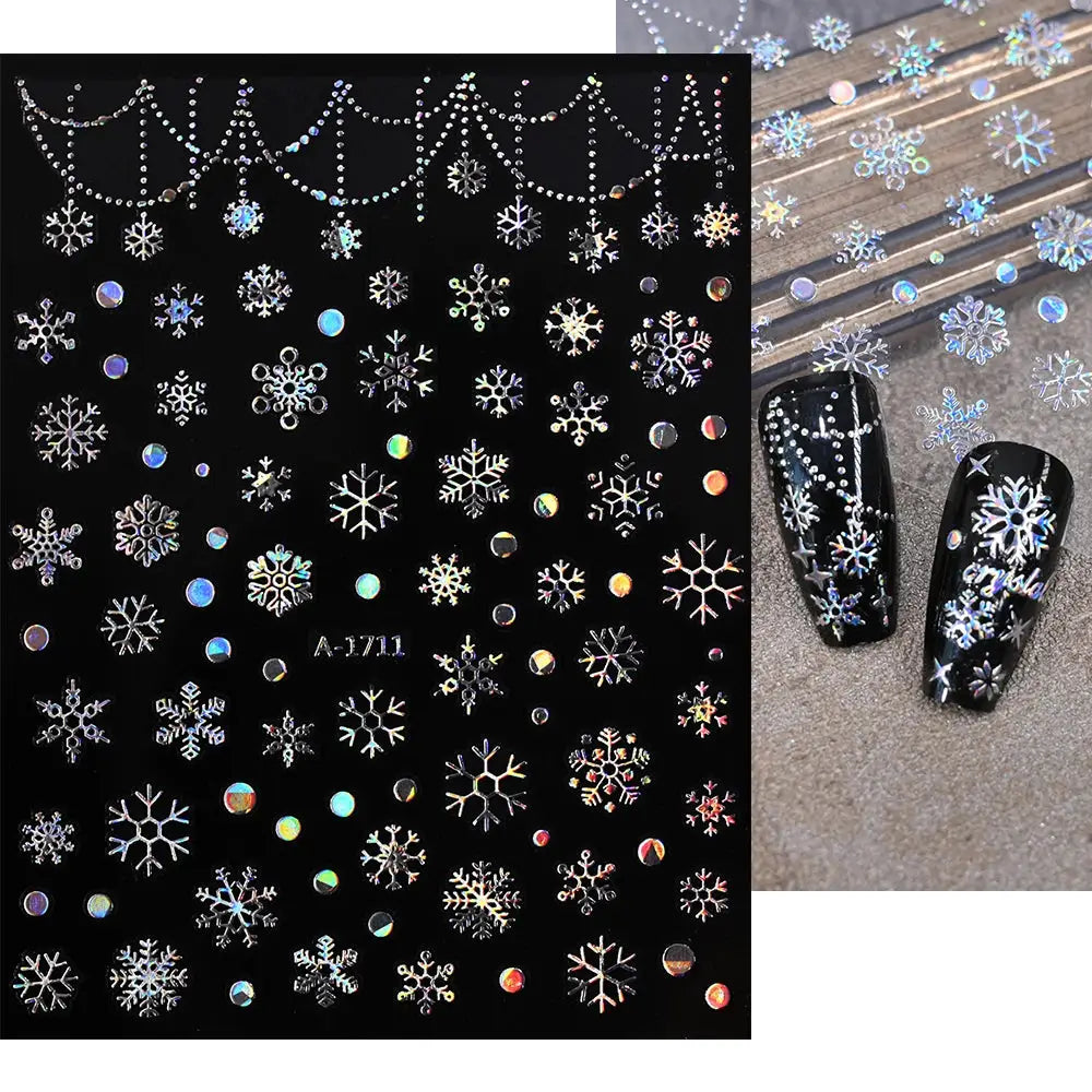 Winter Christmas nail stickers sheet with holographic snowflakes and dots; self-adhesive nail art decals