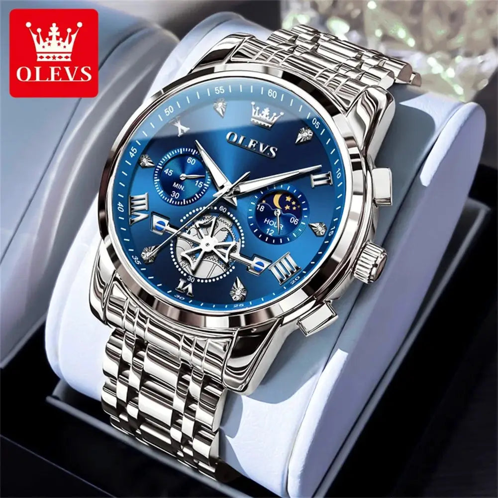OLEVS men's luxury stainless steel watch with blue dial, roman numerals, moon phase, and polished bracelet.