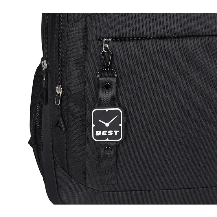 Black travel backpack with multiple zip pockets and a BEST tag hanging from a strap.