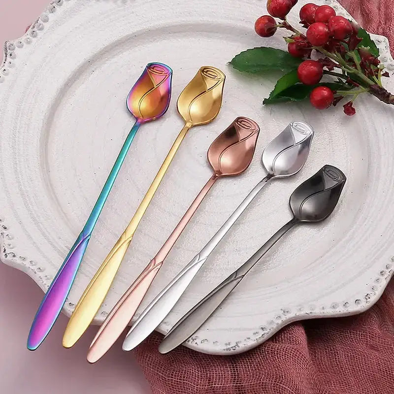 Long Handle Stainless Steel Teaspoon With Rose Shaped Handle For Dessert Coffee Tea Honey Salad New Year Gift