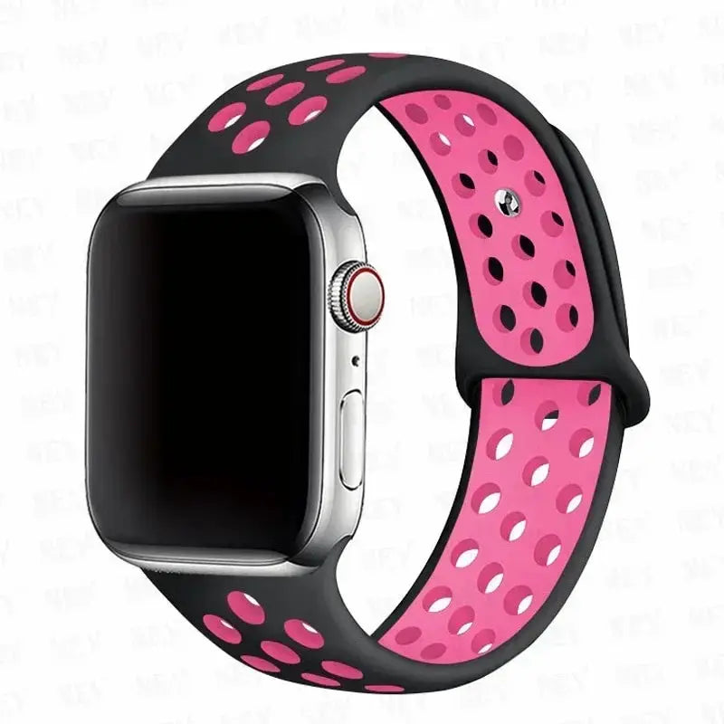 Simples Market silicone Apple Watch sport strap, pink inner, black perforated outer Pride band, 38–45mm