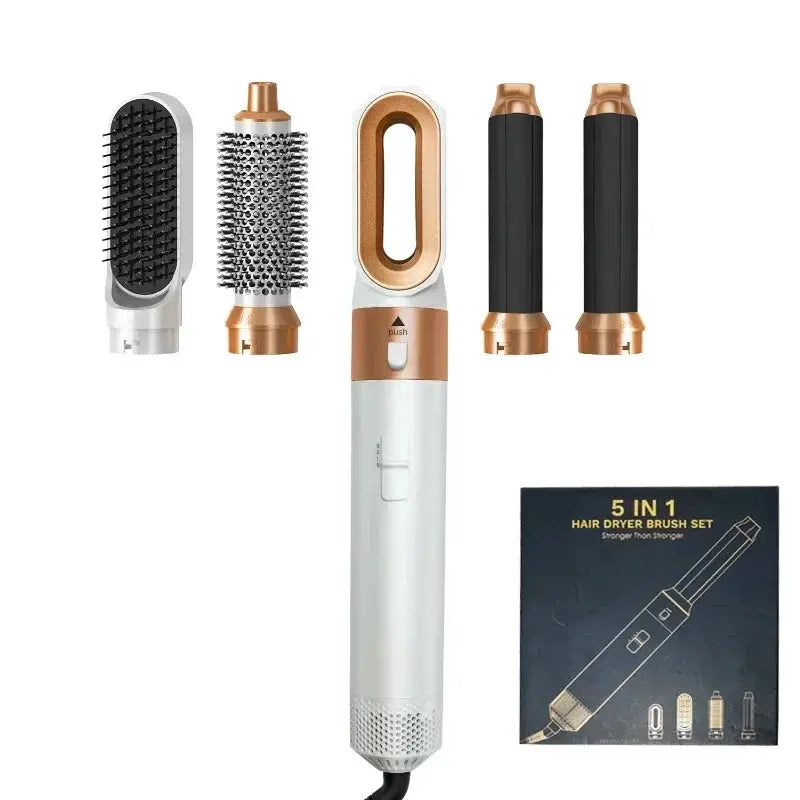 5-in-1 hair dryer brush set by Simples Market with white body and rose-gold accents, includes 5 attachments