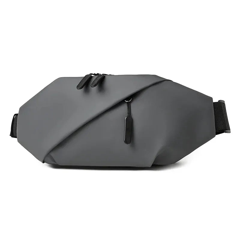 Men's minimalist outdoor waist bag; gray waterproof fanny pack with zip pockets and cross-body strap.