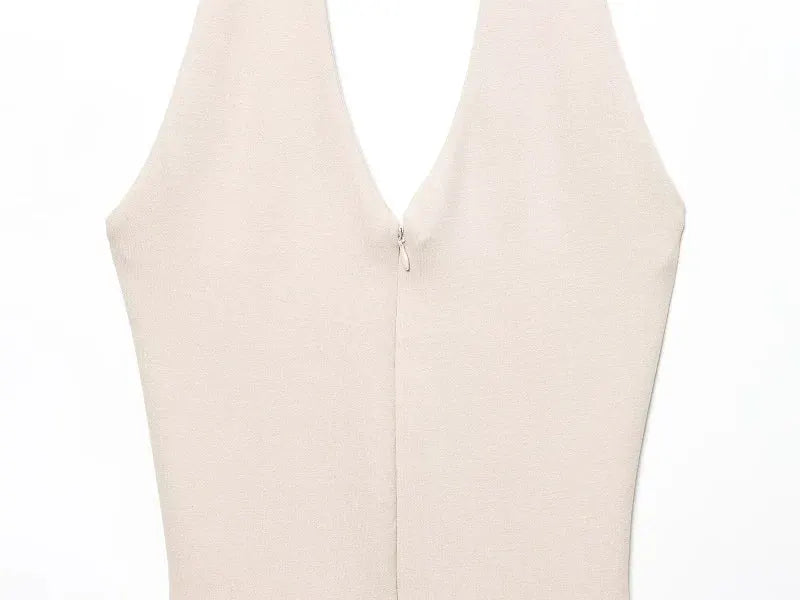 Long jumpsuit back view, beige sleeveless with center back zipper