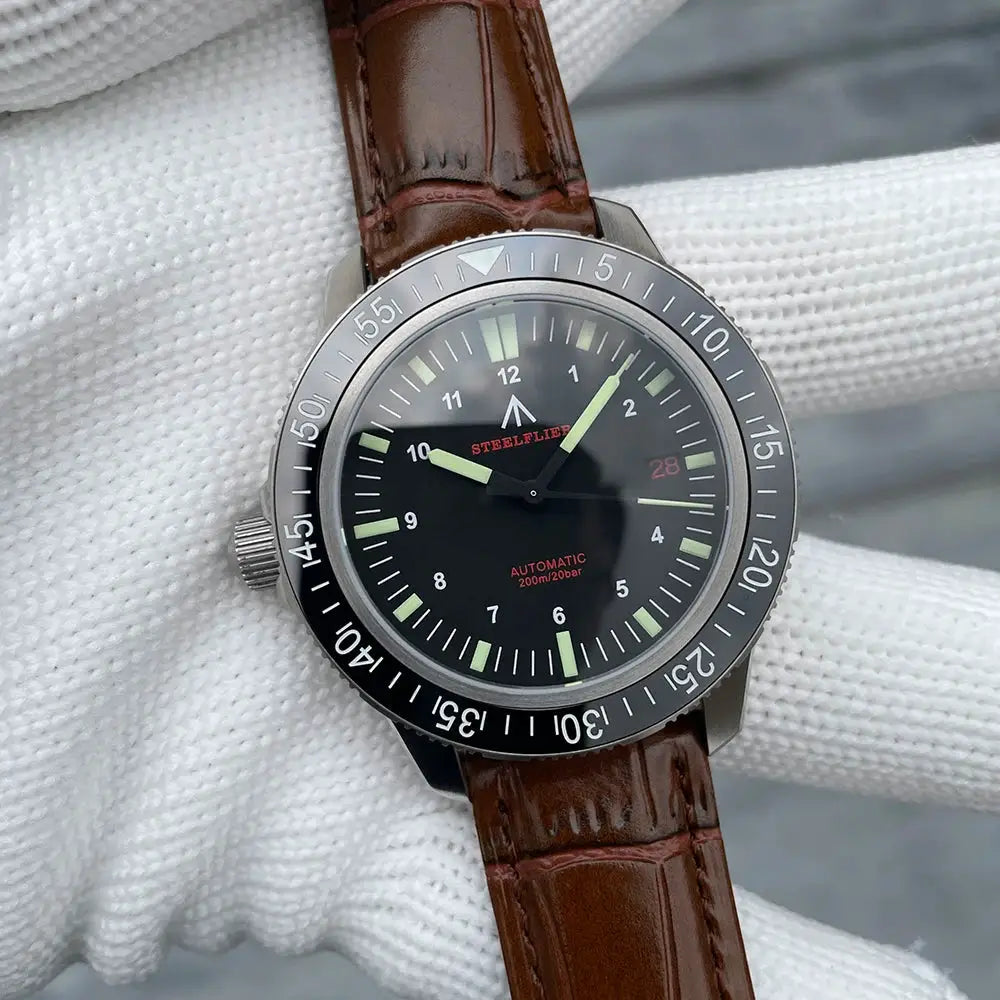 STEELFLIER SF783 automatic dive watch with black dial, ceramic bezel, luminous markers, brown leather strap