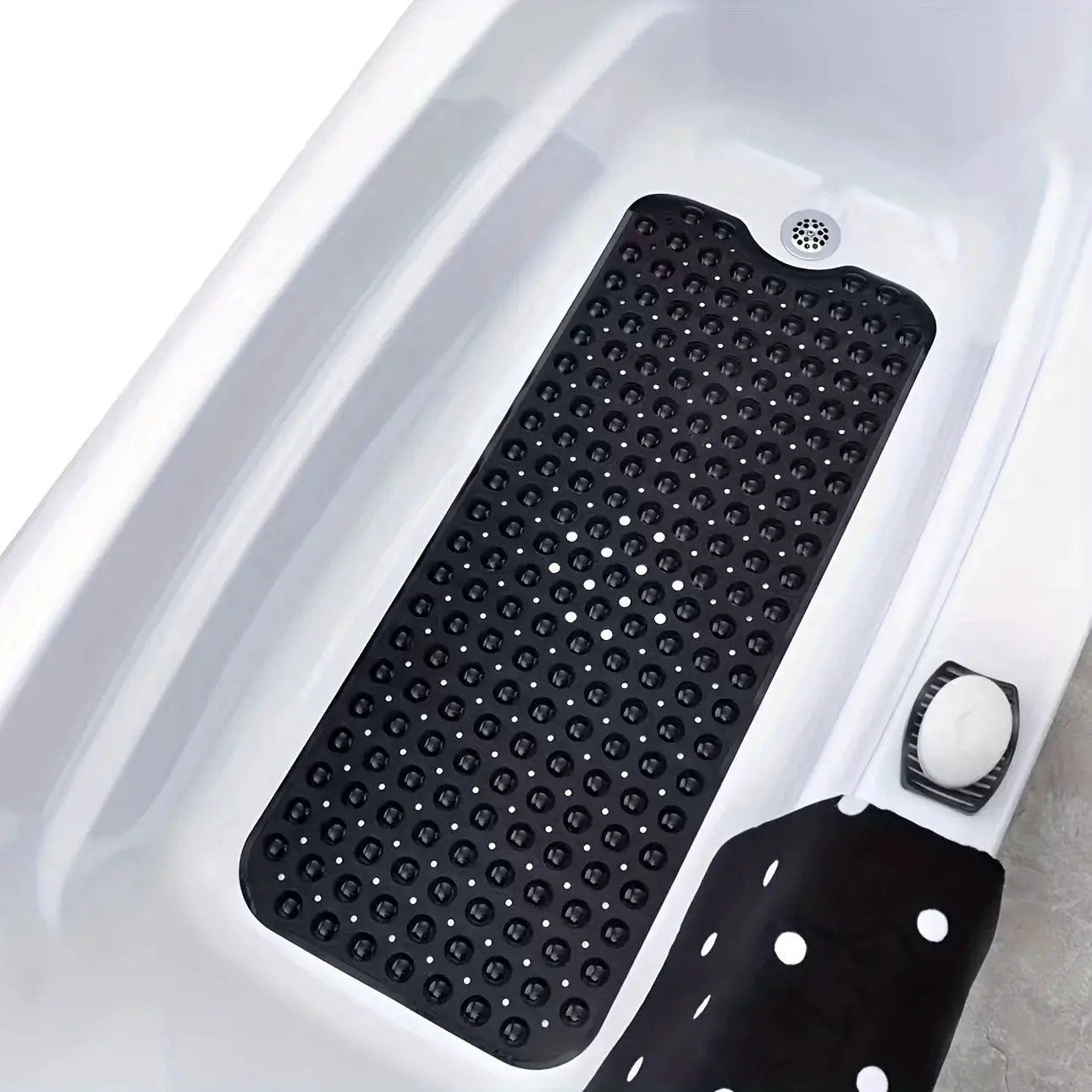 1pc non-slip shower mat, black with drain holes and suction cups for tub; machine washable
