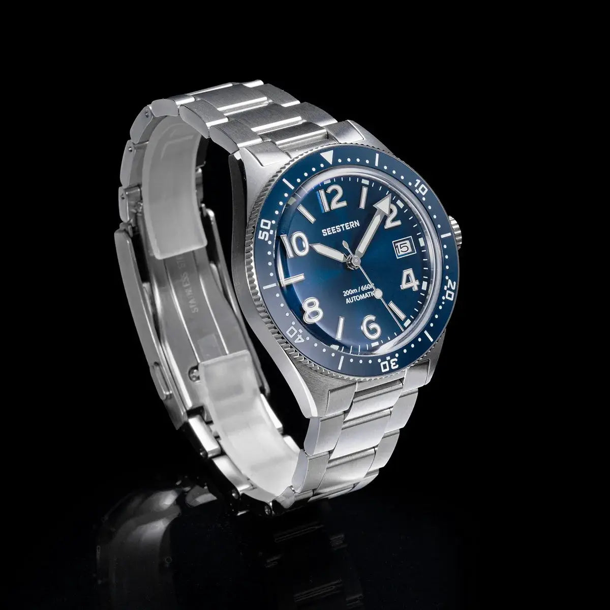 SEESTERN Diver men's stainless steel watch with blue dial, domed crystal, luminous hands, 200m water resistance