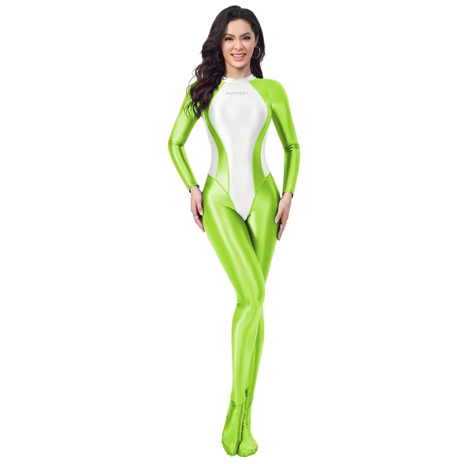 AMORESY women's wetlook catsuit in neon lime green and white glossy fabric with front zipper