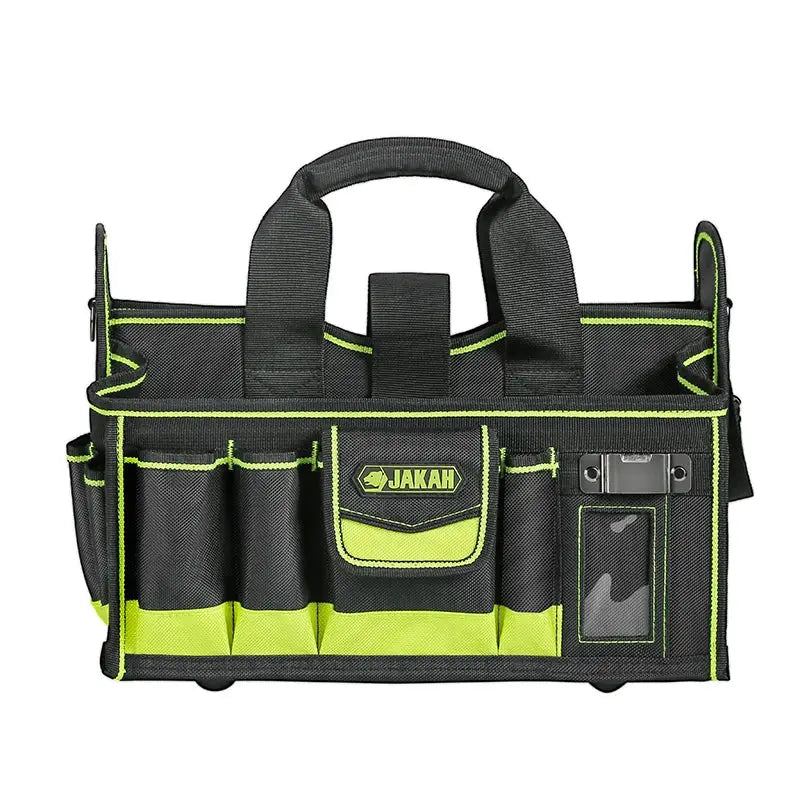 40-pocket tool tote bag organizer in black with lime-green trim by JAKAH