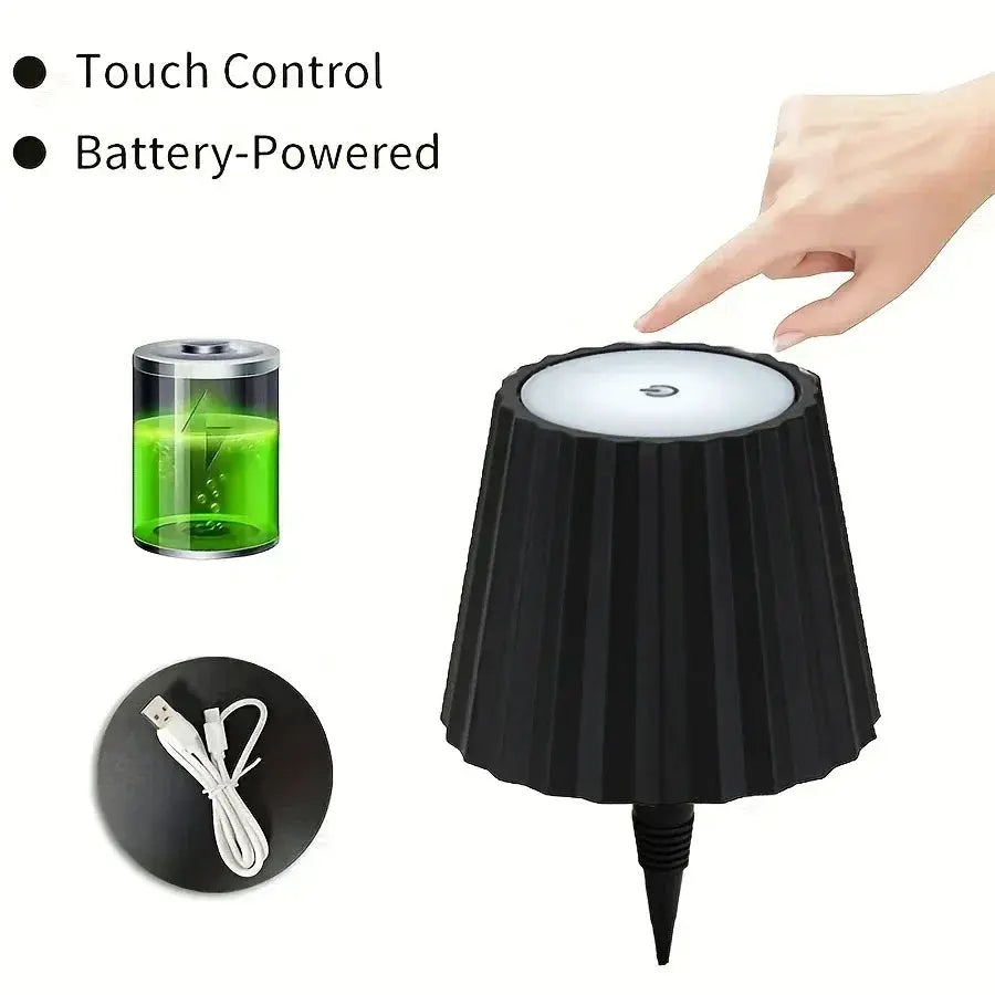 LED Wireless Wine Bottle Lamp; touch-controlled, battery-powered table lamp with a black pleated shade