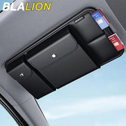 BLALION leather car sun visor organizer with multi-pocket card slots and glasses holder
