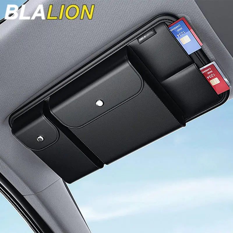 BLALION leather car sun visor organizer with multi-pocket card slots and glasses holder
