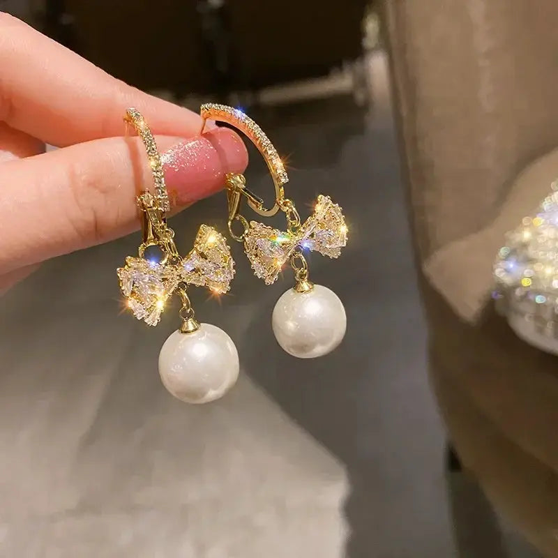2022 New Trend Simulation Pearl Long Earrings With Flower Rhinestone Pendant For Women Wedding Korean Jewelry